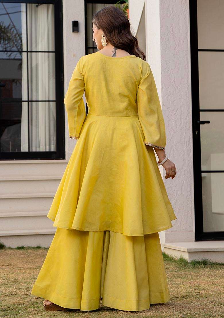 Light Yellow Sequin Work Chanderi Sharara Set - Indya