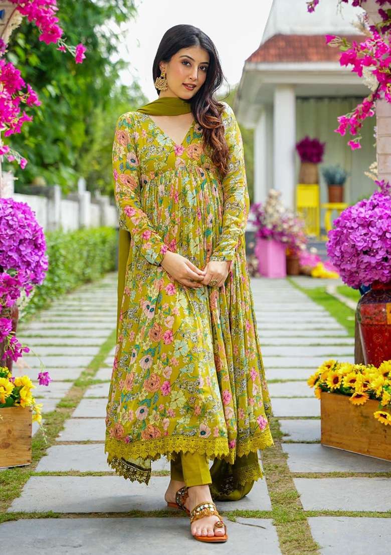 Yellow Floral Print Georgette Anarkali Set - Indya