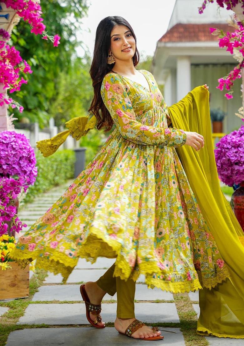 Yellow Floral Printed Georgette Kurta Set - Indya