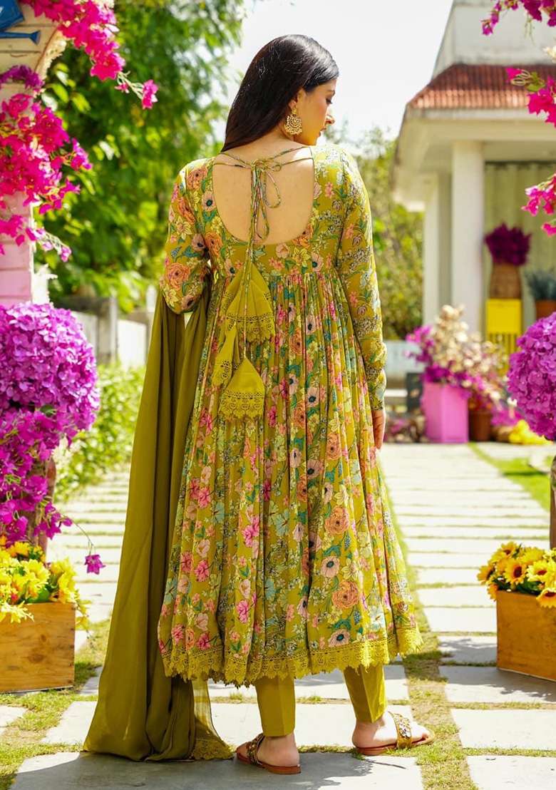 Yellow Floral Print Georgette Anarkali Set - Indya