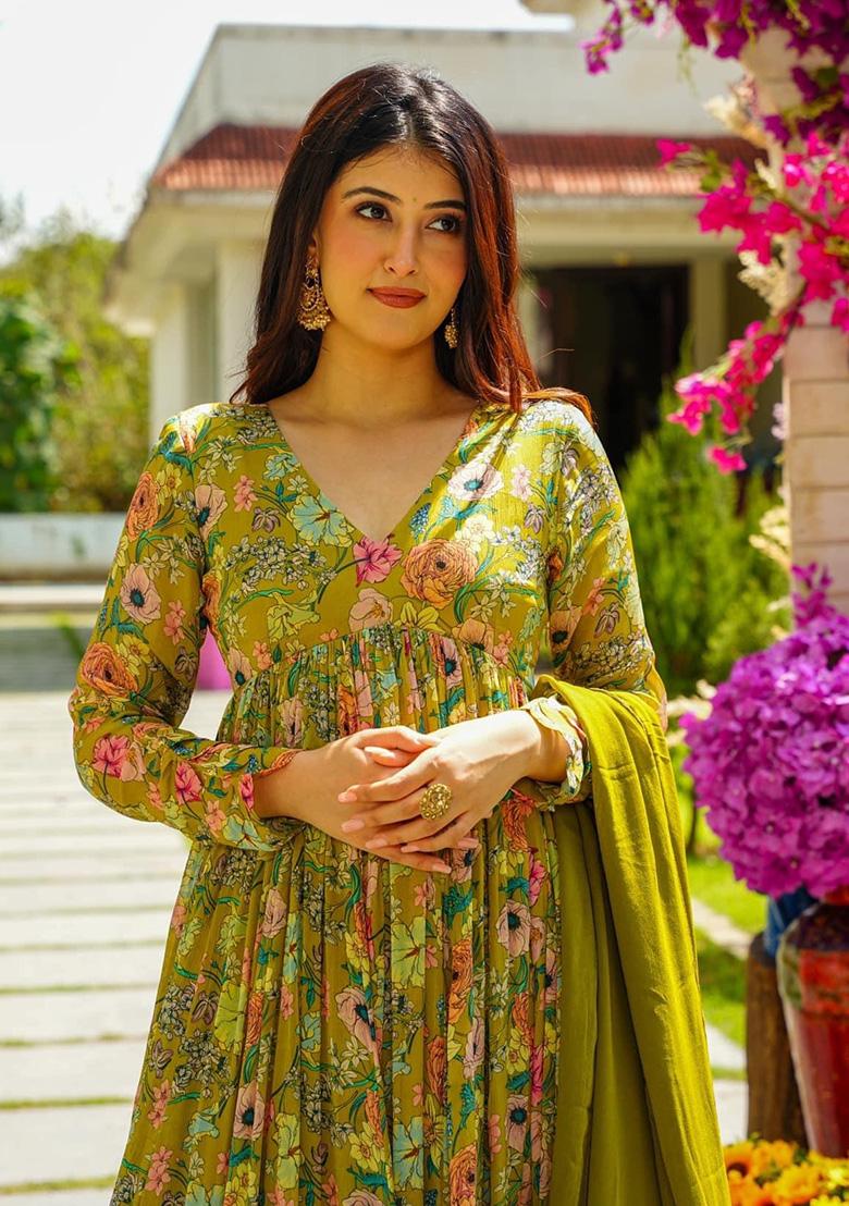 Yellow Floral Printed Georgette Kurta Set - Indya
