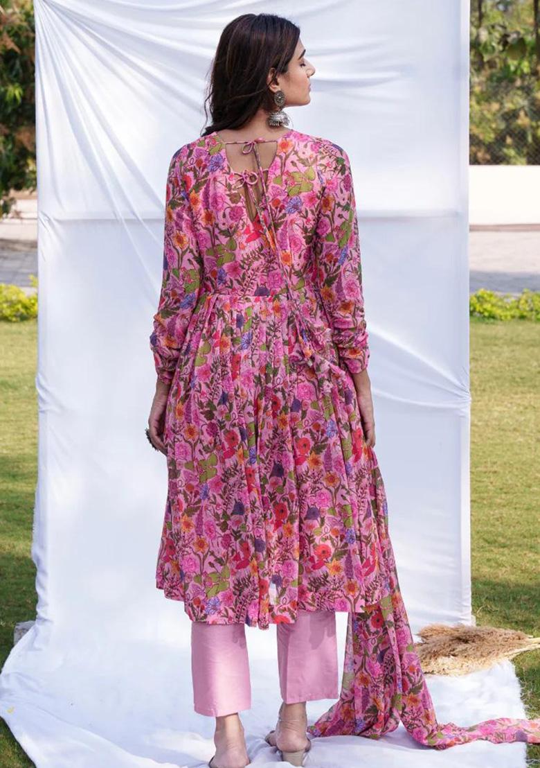 Pink Floral Printed Georgette Kurta Set - Indya