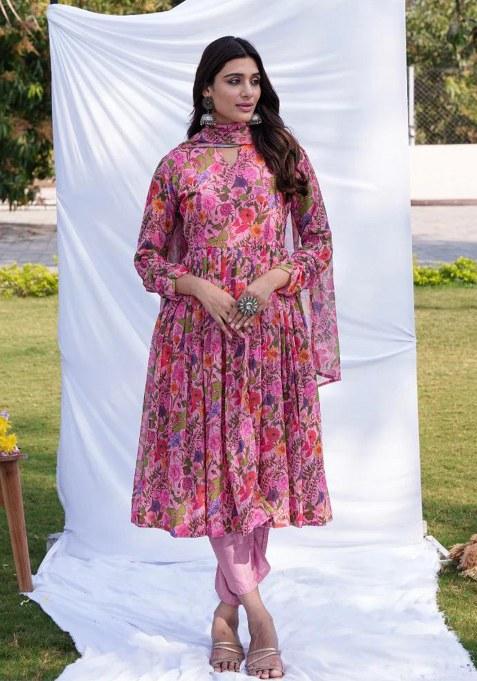 Pink Floral Printed Georgette Kurta Set