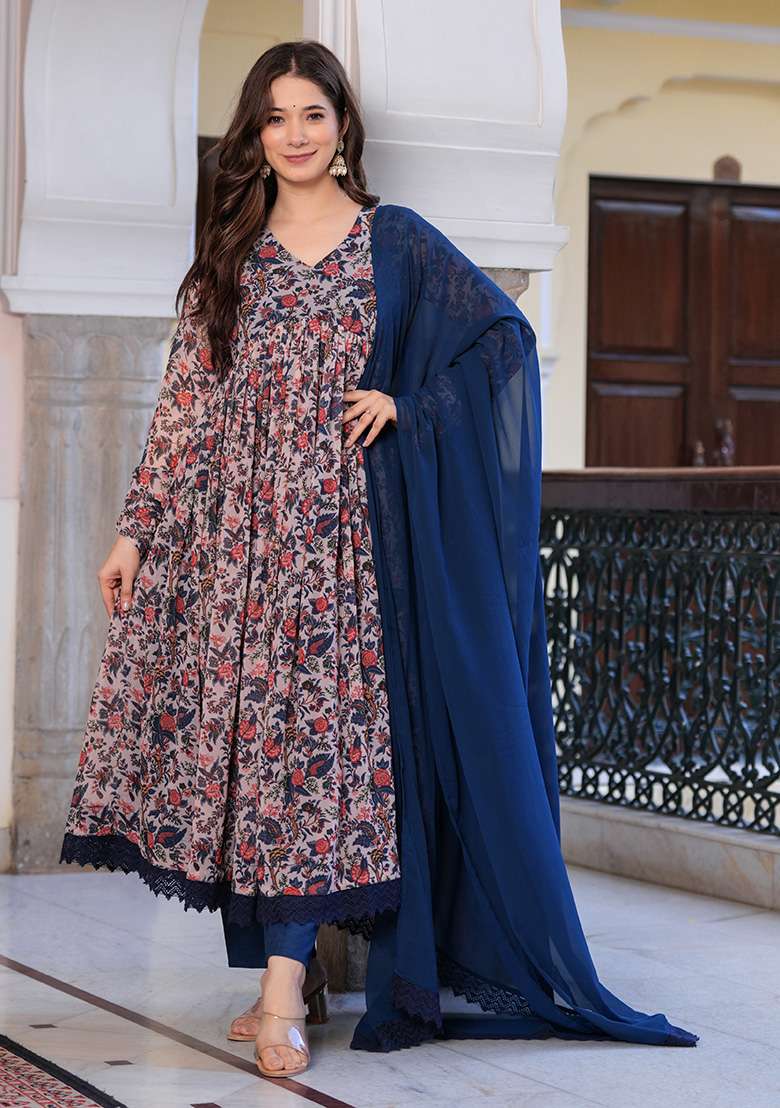 Multi Floral Print Georgette Anarkali Set - Indya
