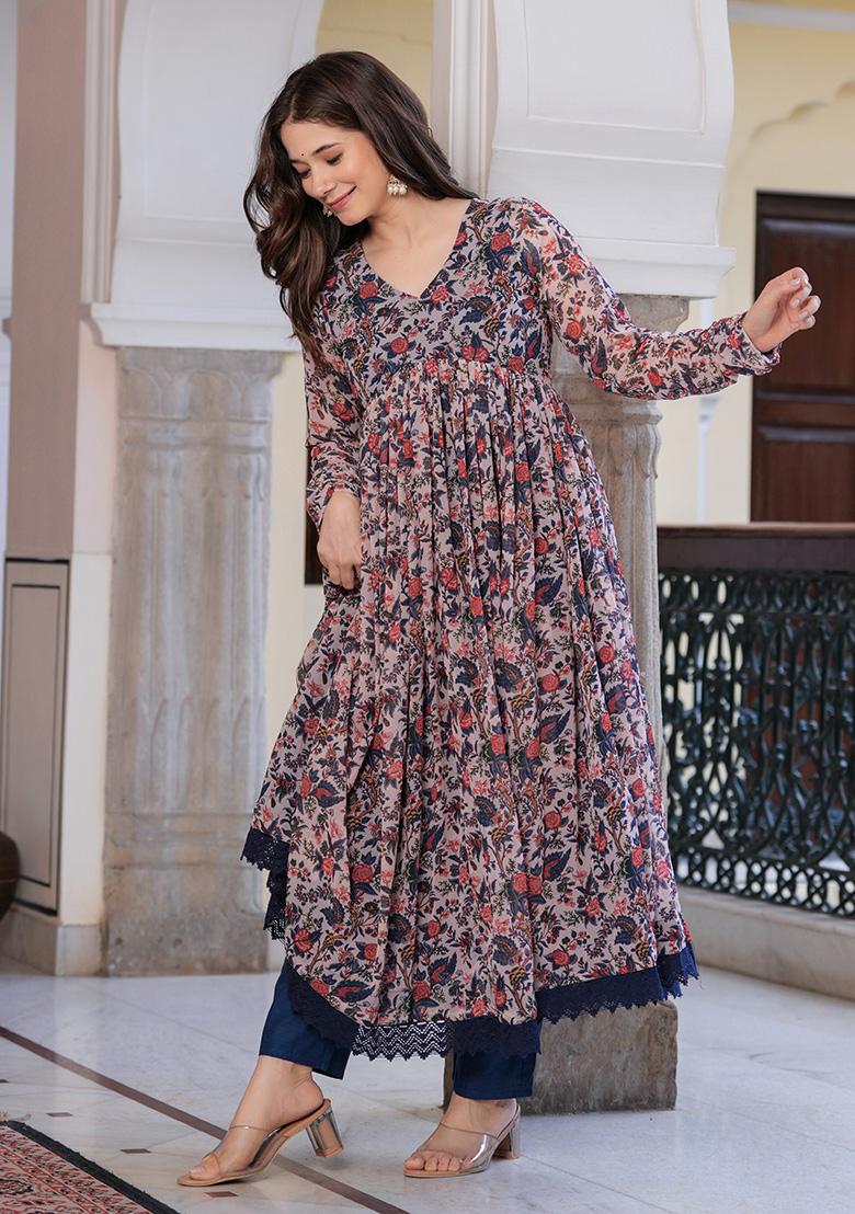 Multi Floral Printed Georgette Kurta Set - Indya