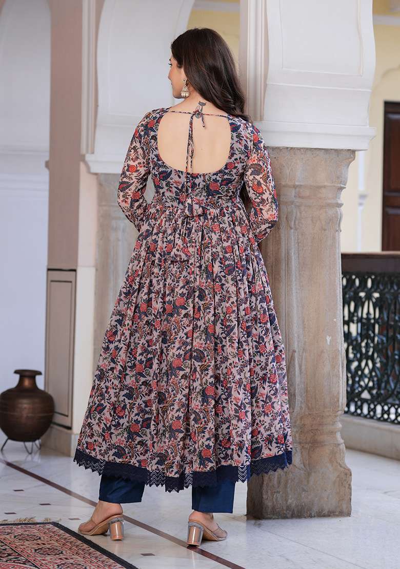 Multi Floral Print Georgette Anarkali Set - Indya
