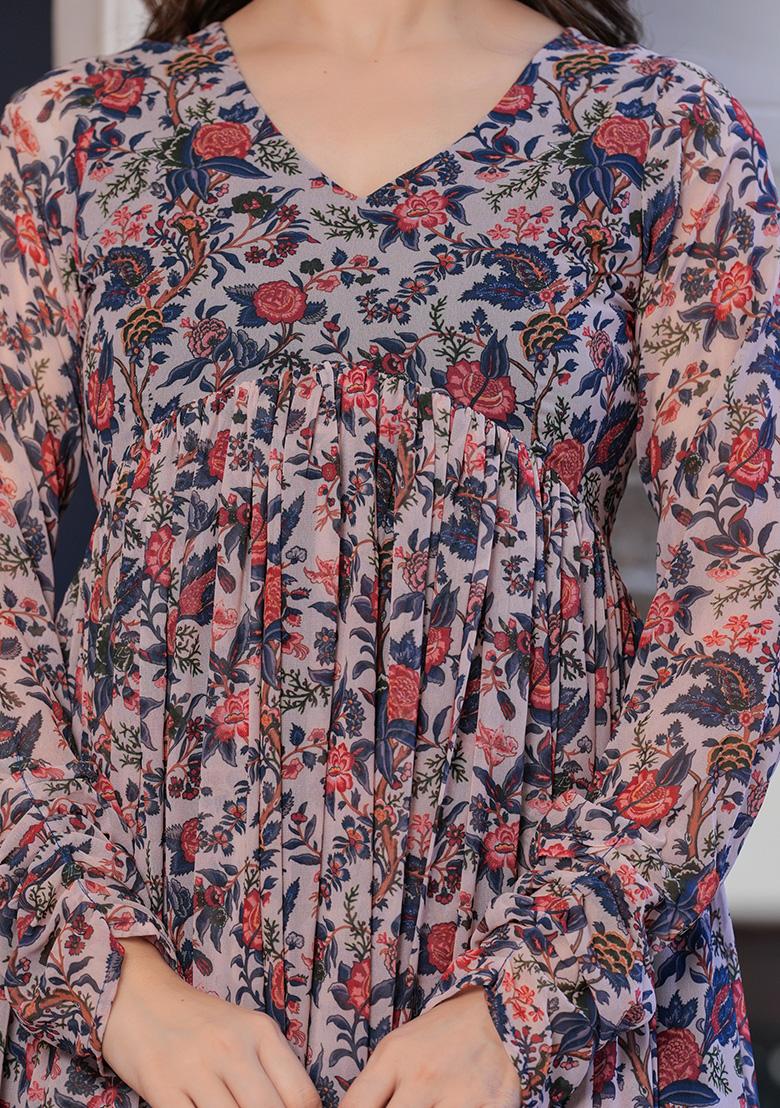 Multi Floral Printed Georgette Kurta Set - Indya