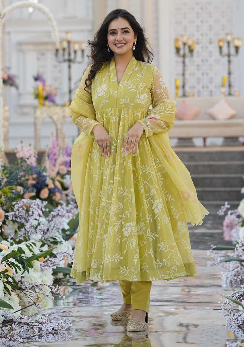 Light Yellow Chikankari Organza Anarkali Set - Indya