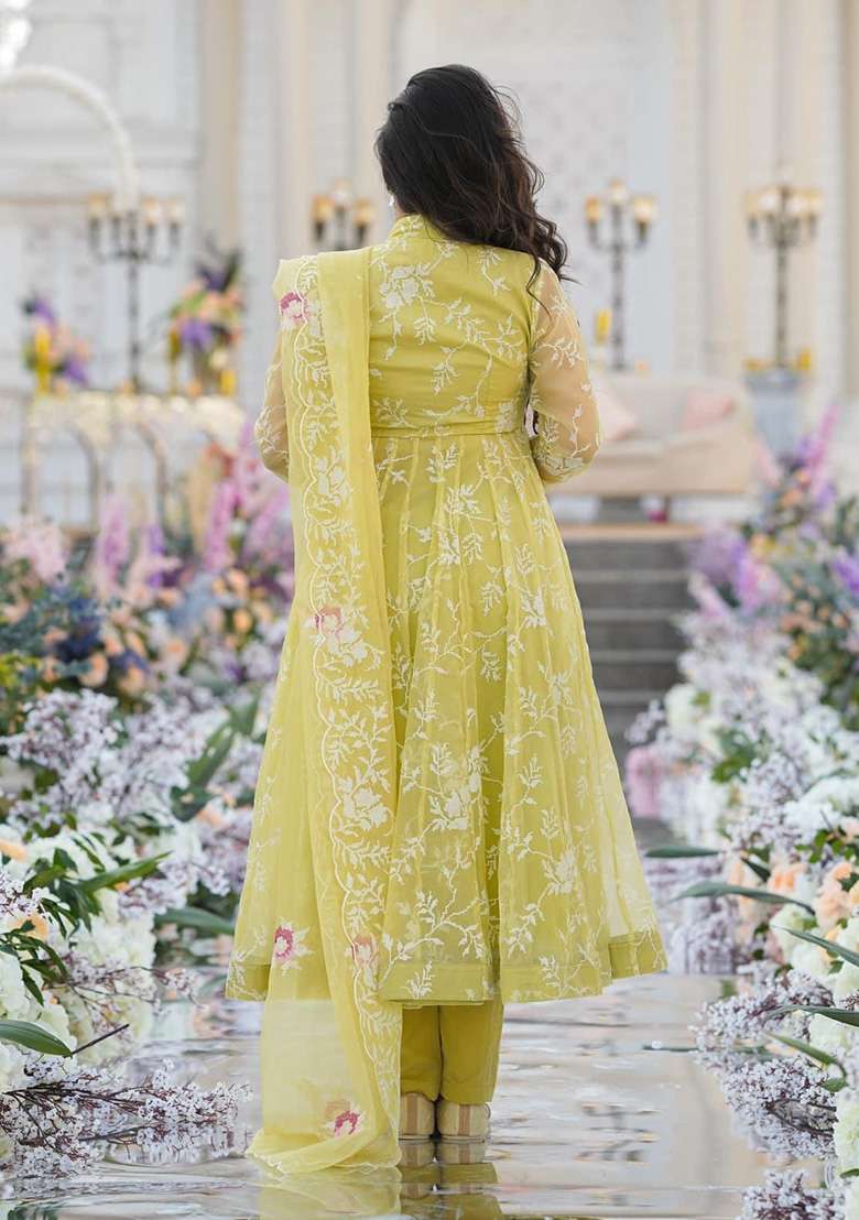 Light Yellow Chikankari Organza Anarkali Set - Indya