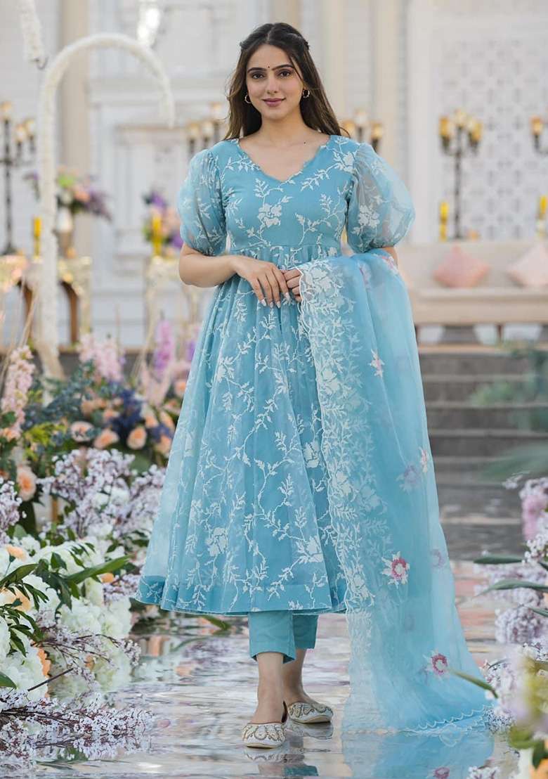 Sky Embroidered Organza Anarkali Set - Indya