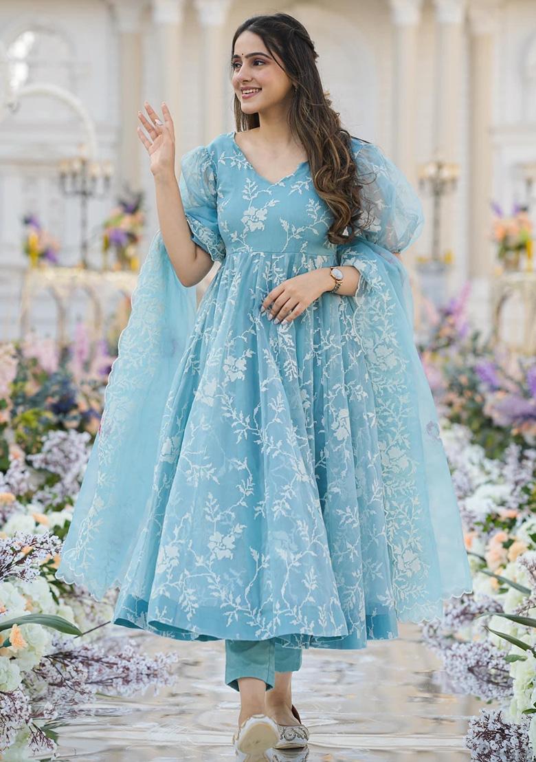 Sky Embroidery Organza Kurta Set - Indya