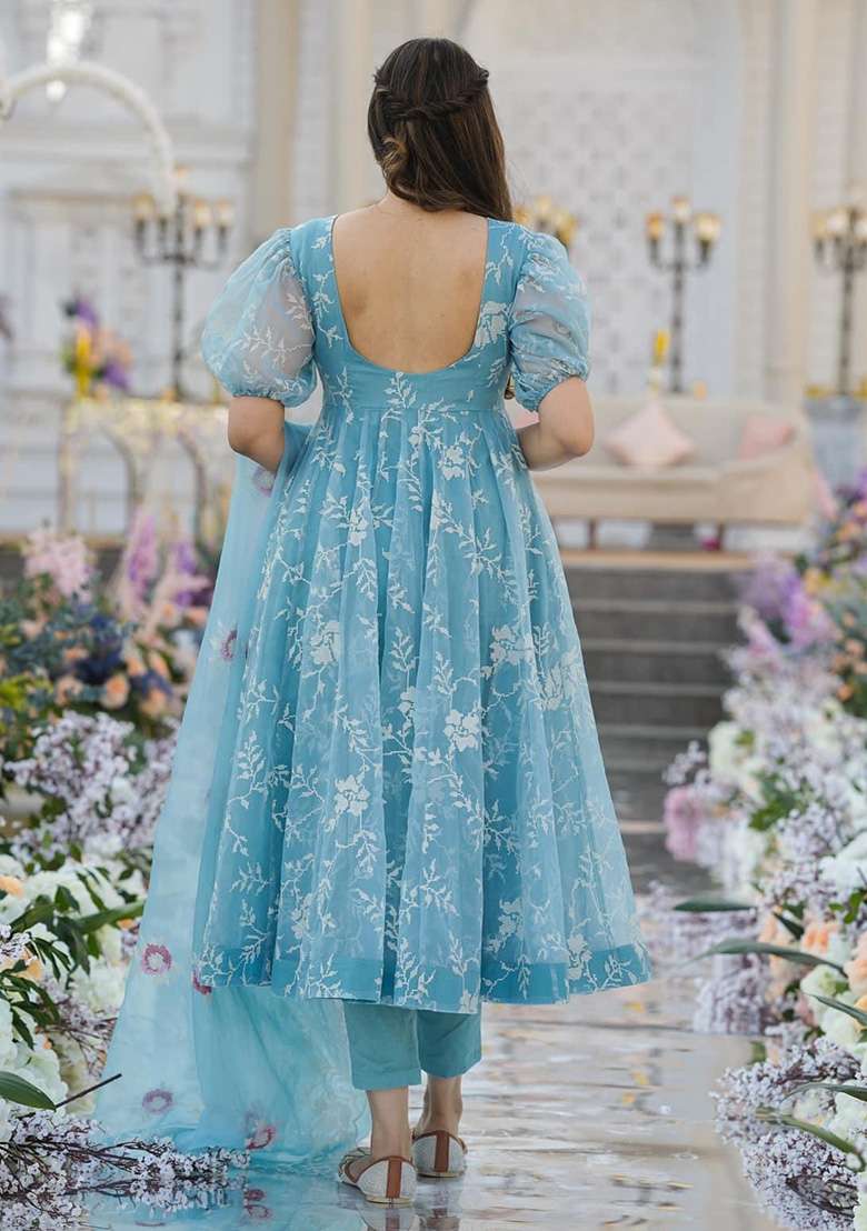 Sky Embroidered Organza Anarkali Set - Indya