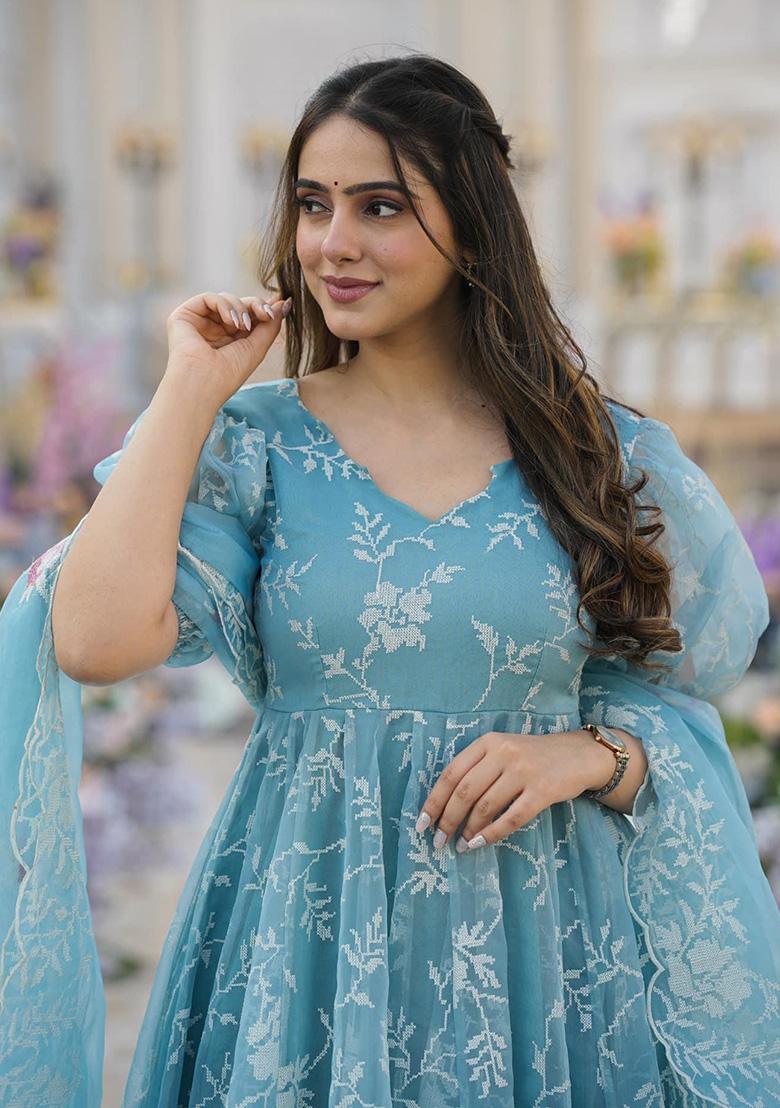 Sky Embroidery Organza Kurta Set - Indya