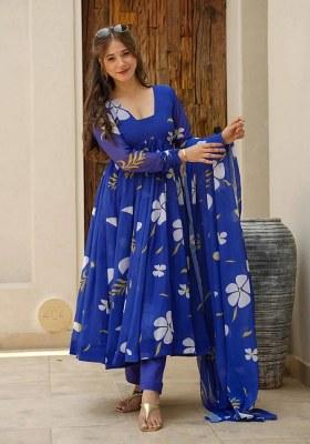 Blue Floral Printed Georgette Kurta Set