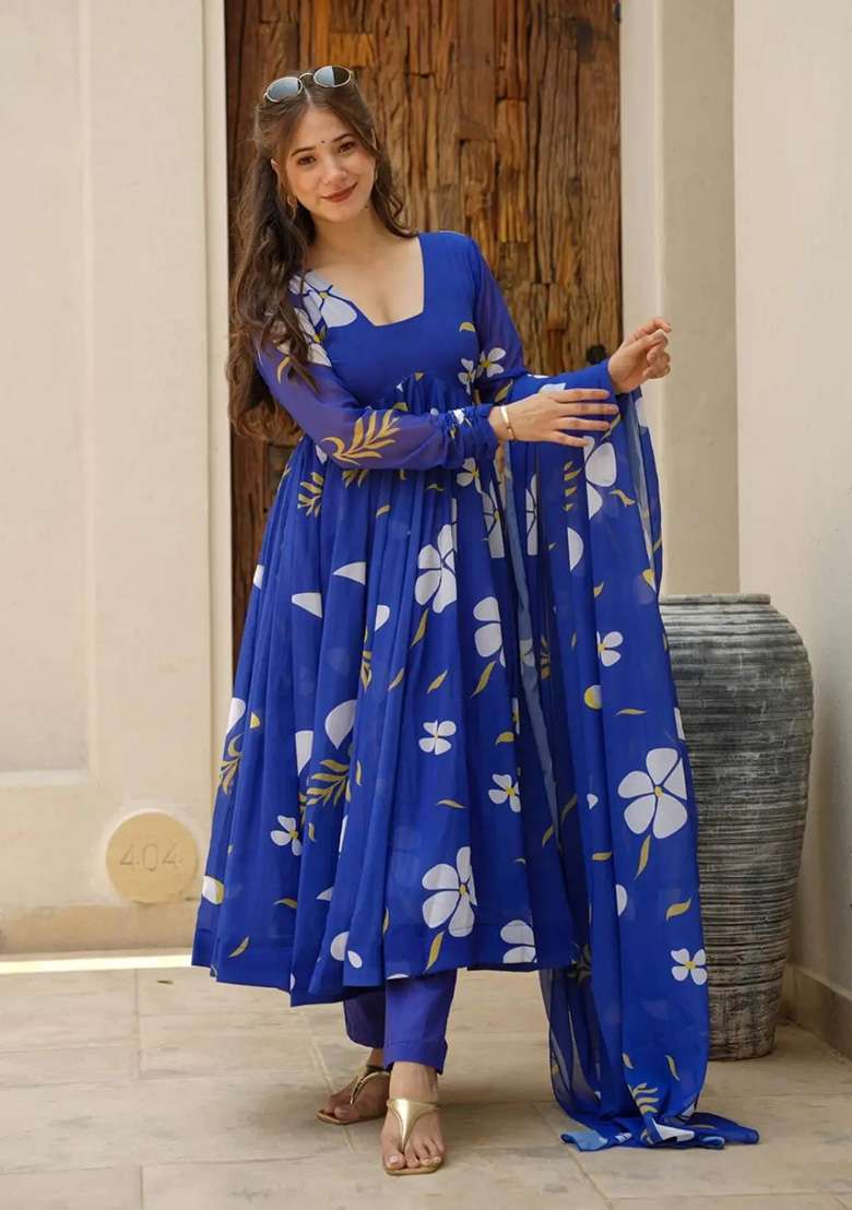 Blue Floral Print Georgette Anarkali Set - Indya