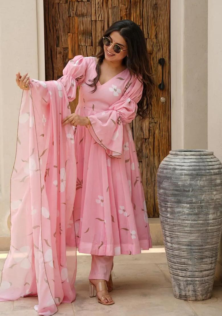 Light Pink Floral Printed Georgette Kurta Set - Indya