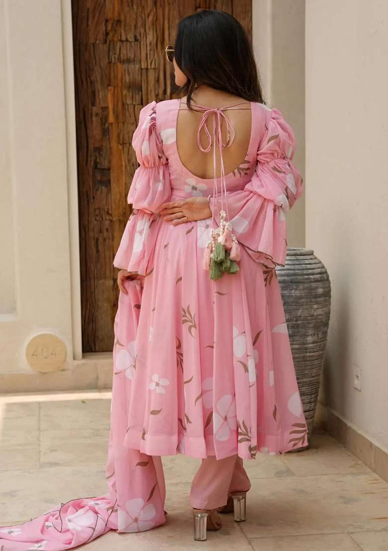 Light Pink Floral Print Georgette Anarkali Set - Indya