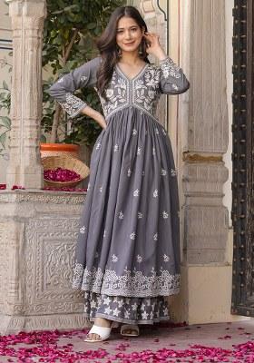 Light Grey Embroidered Rayon Sharara Set