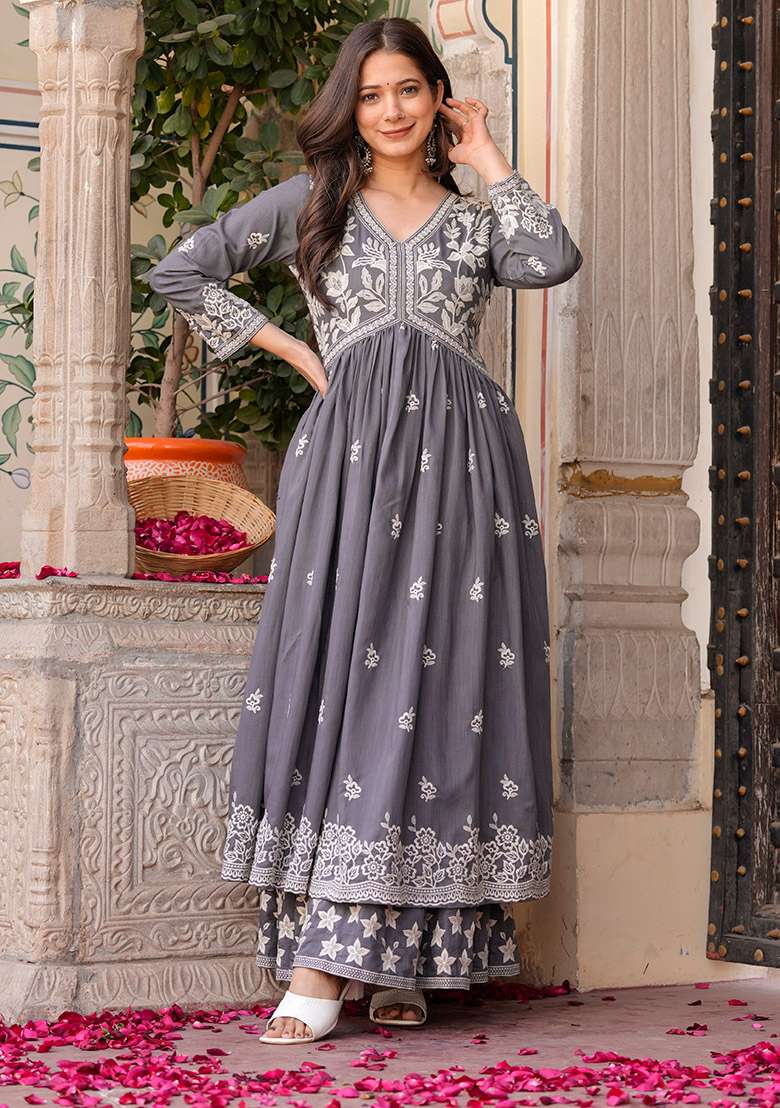 Light Grey Embroidered Rayon Anarkali Set - Indya