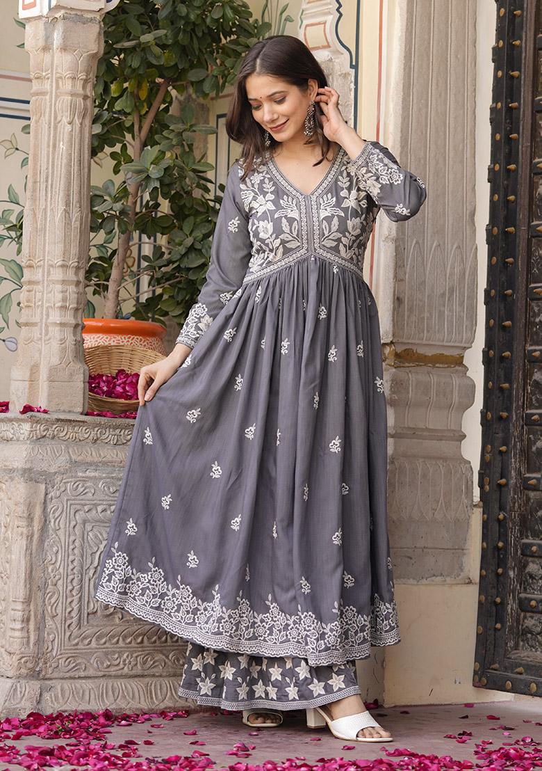 Light Grey Embroidered Rayon Sharara Set - Indya