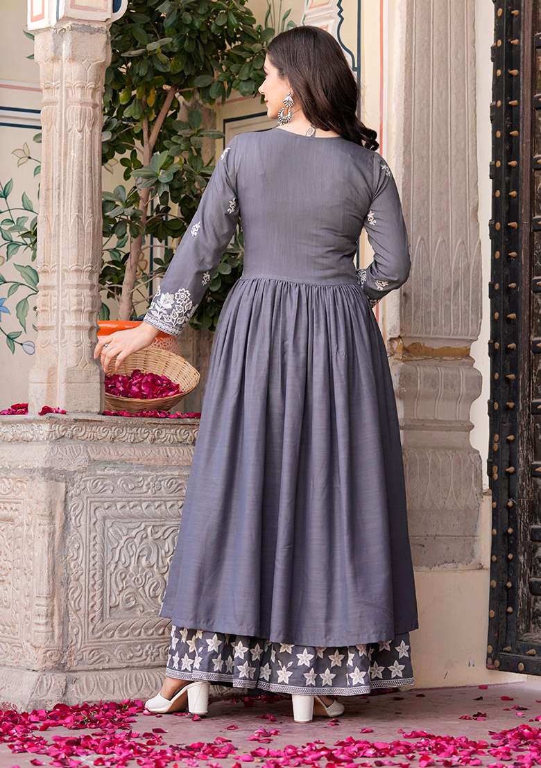 Light Grey Embroidered Rayon Anarkali Set - Indya