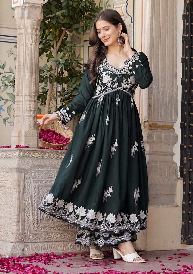 Green Embroidered Rayon Sharara Set - Indya