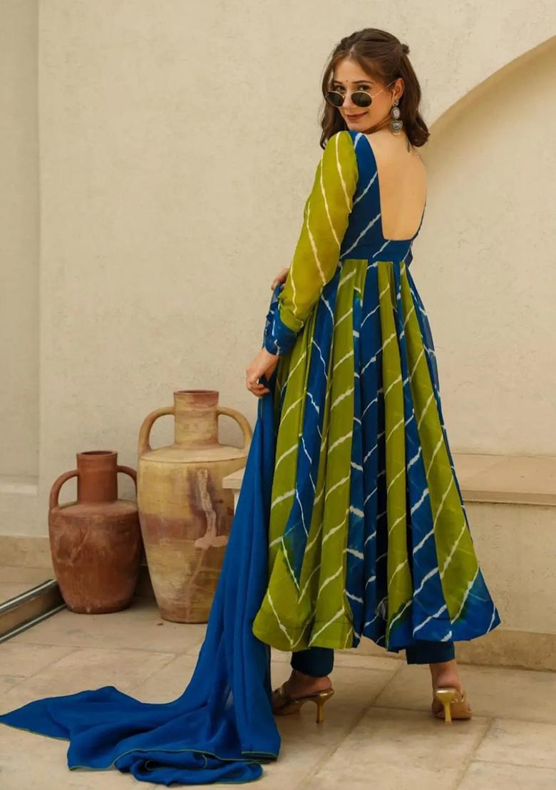 Teal Tie-Dye Georgette Kurta Set - Indya