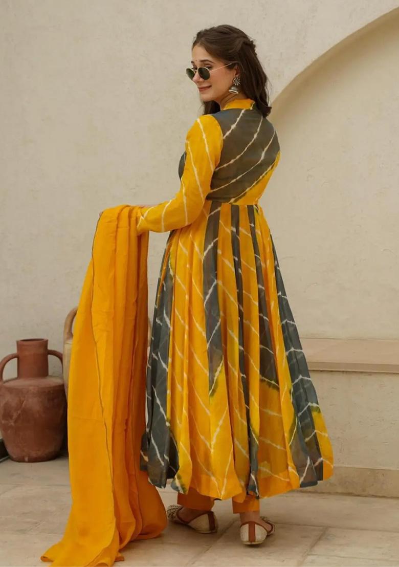 Yellow Tie-Dye Georgette Kurta Set - Indya