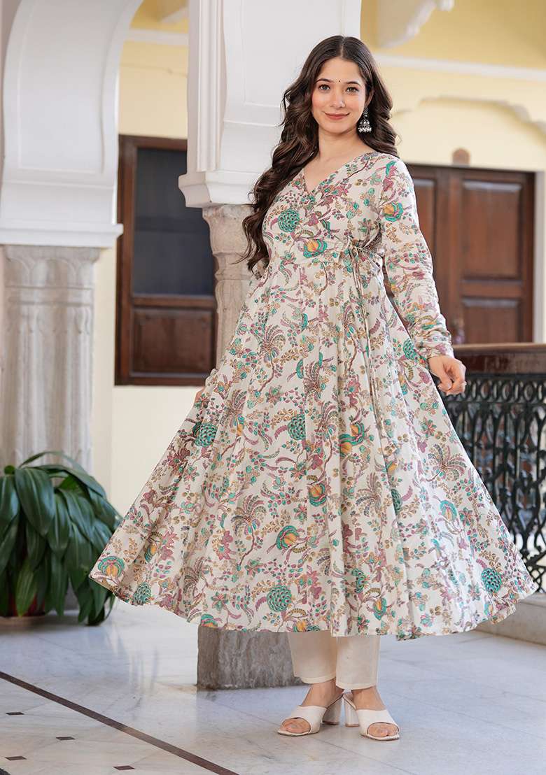 Multi Floral Print Cotton Anarkali Set - Indya