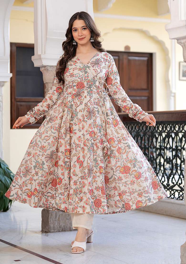 Multi Floral Print Cotton Anarkali Set - Indya