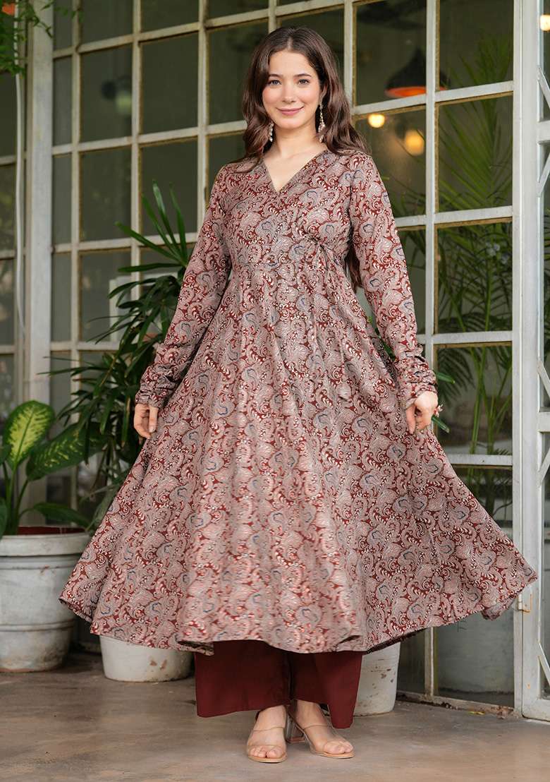 Maroon Printed Rayon A Line Kurta Set - Indya