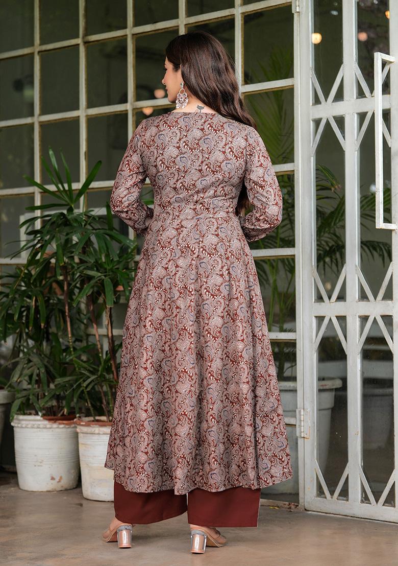 Maroon Printed Rayon Kurta Set - Indya