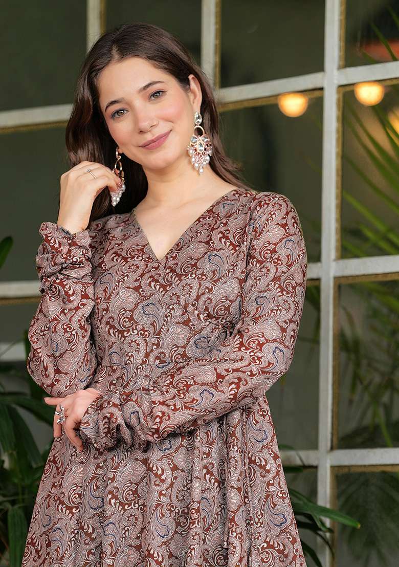 Maroon Printed Rayon A Line Kurta Set - Indya