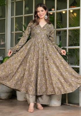 Grey Printed Rayon Kurta Set