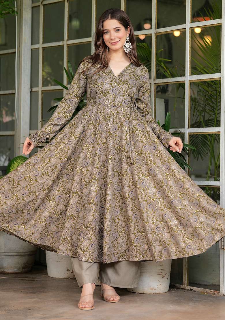 Grey Printed Rayon Anarkali Set - Indya
