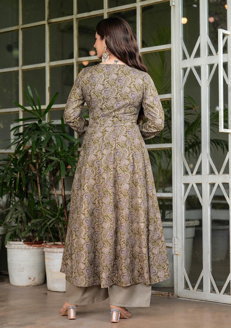 Grey Printed Rayon Kurta Set - Indya