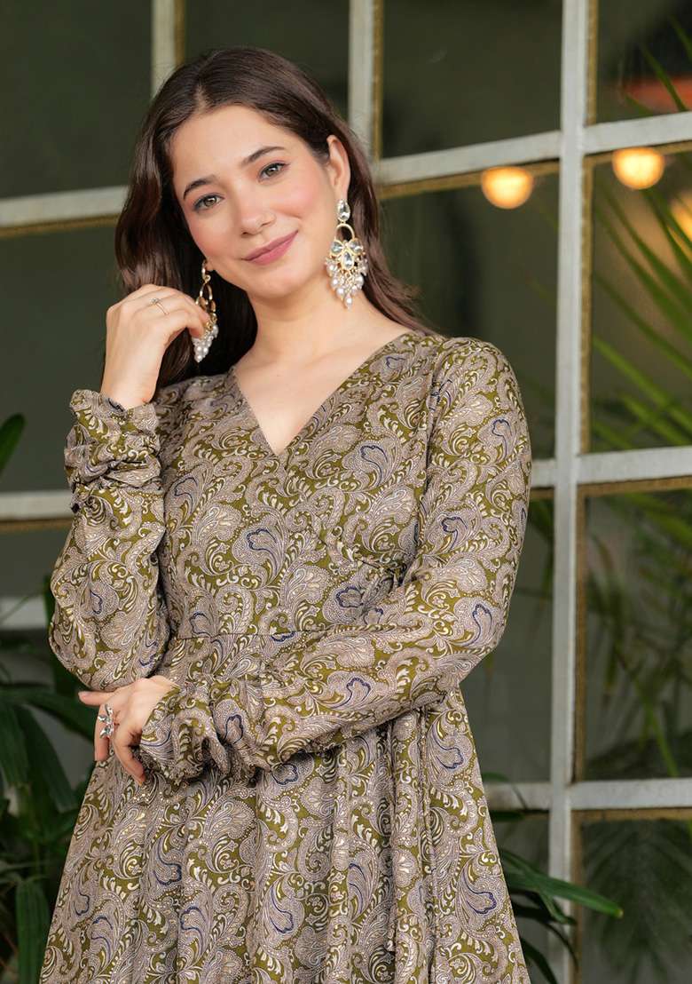 Grey Printed Rayon Anarkali Set - Indya