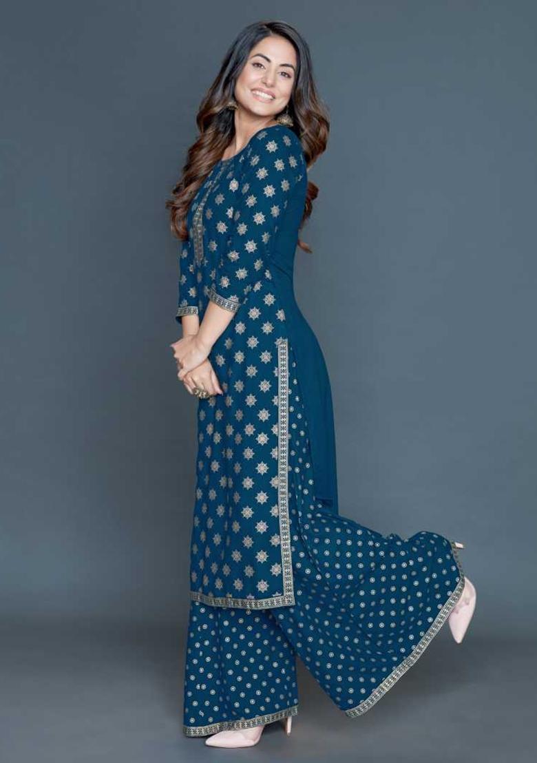 Teal Foil Print Rayon Kurta Set - Indya