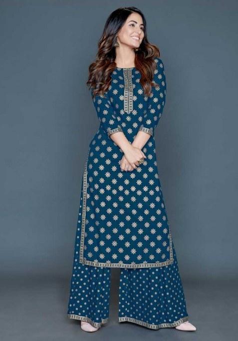 Teal Foil Print Rayon Kurta Set