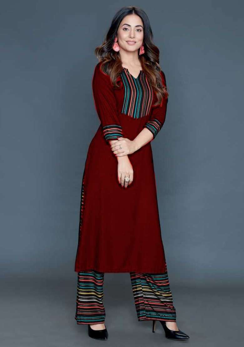 Maroon Striped Rayon Co Ord Set - Indya