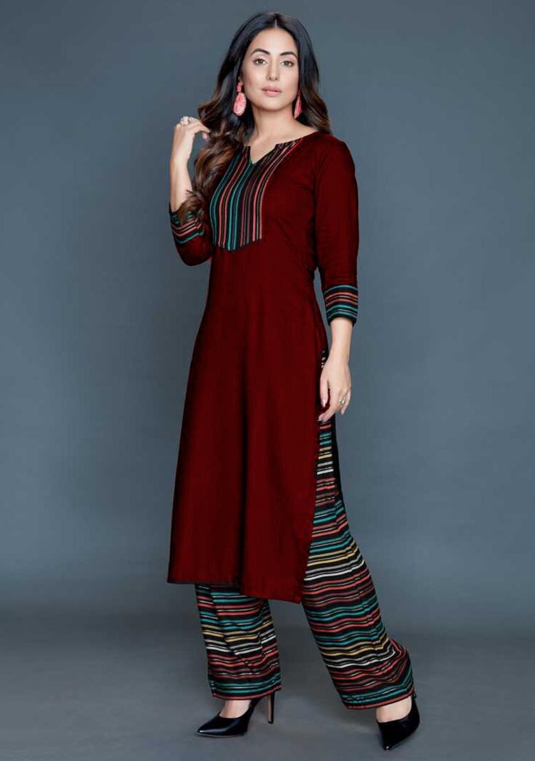 Maroon Foil Print Rayon Kurta Set - Indya