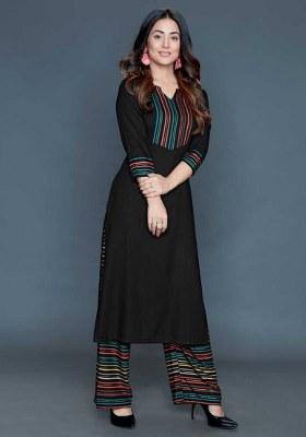 Black Foil Print Rayon Kurta Set