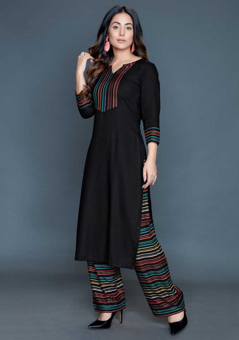 Black Foil Print Rayon Kurta Set - Indya