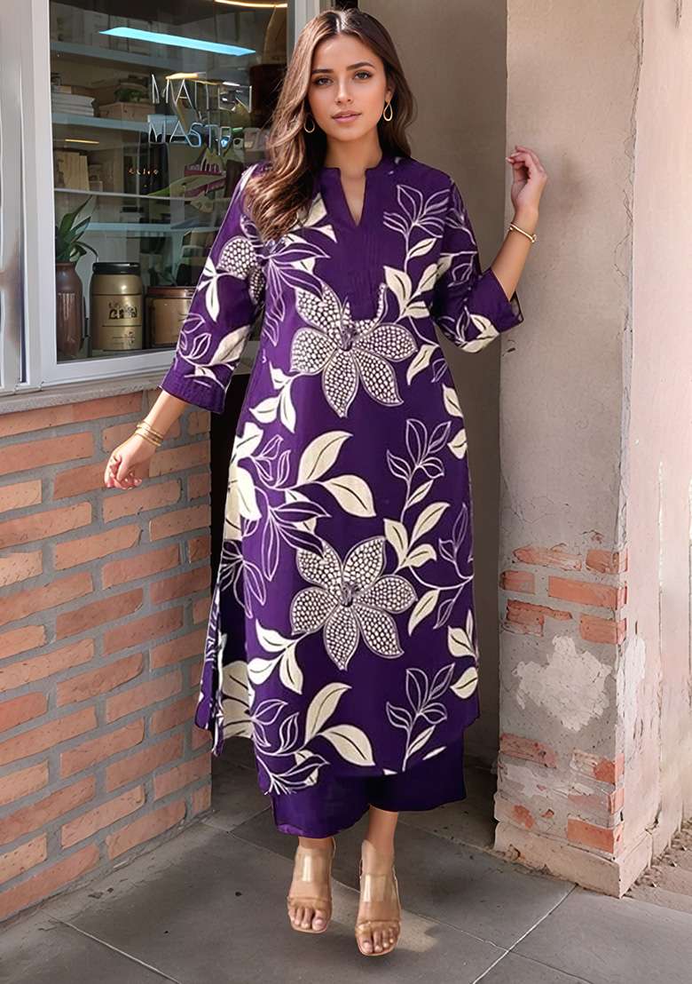 Purple Floral Print Rayon Straight Kurta Set - Indya