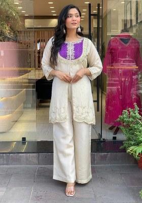 Cream Embroidered Silk Blend Straight Kurta Set