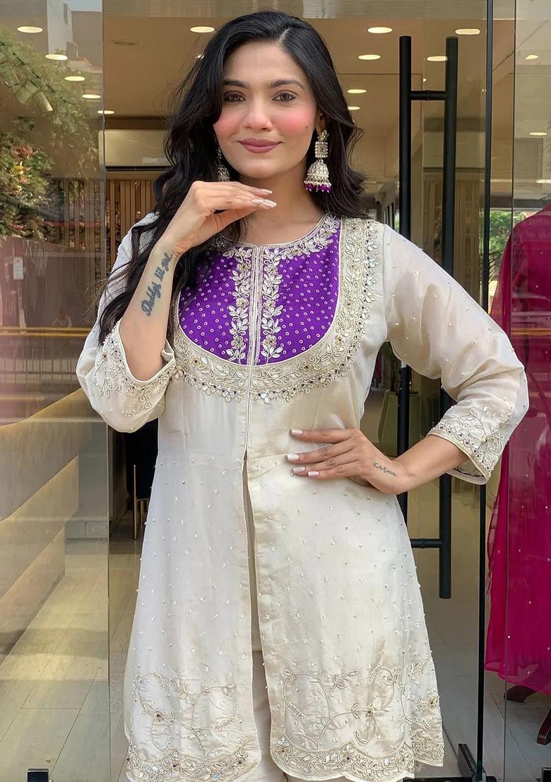 Cream Embroidered Silk Kurta Set - Indya