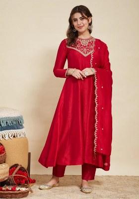 Red Embroidered Silk Kurta Set