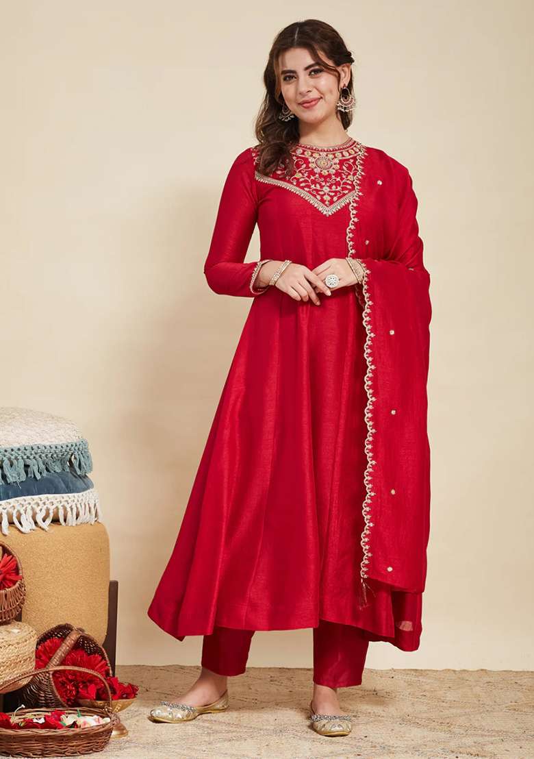 Red Embroidered Silk Blend Anarkali Set - Indya