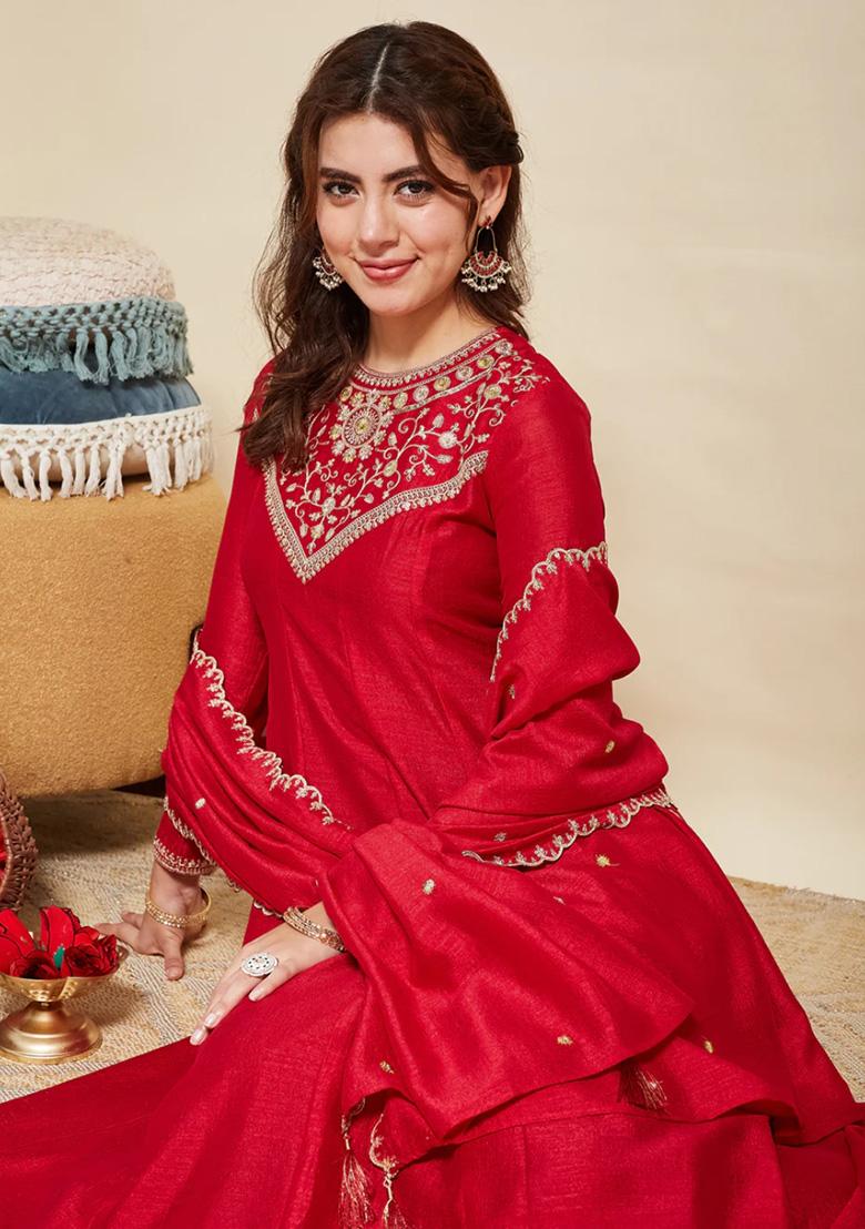 Red Embroidered Silk Kurta Set - Indya
