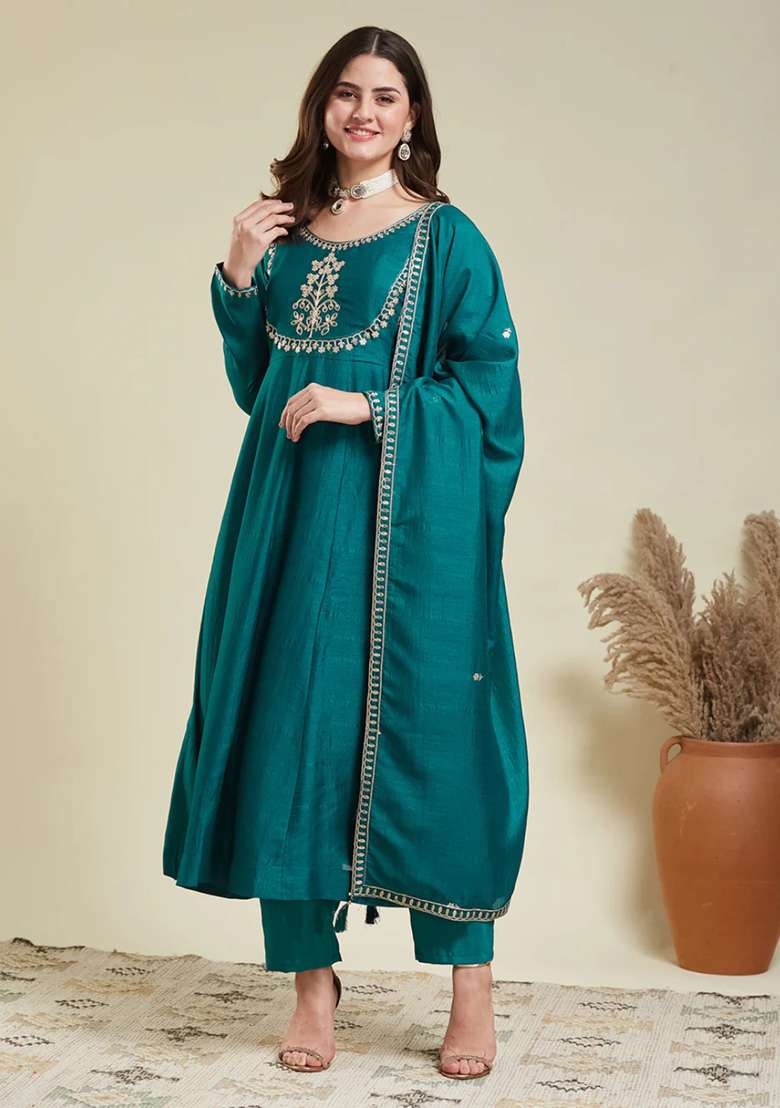Turquoise Blue Embroidered Silk Blend Pakistani Suit Set - Indya